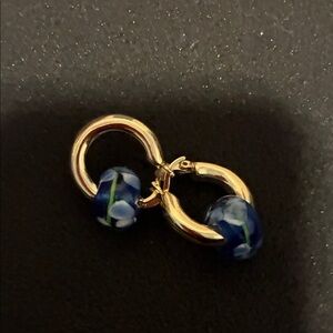 Gold Hoop Earrings with Blue Floral Glass Beads - Women Jewelry